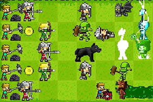 Pixelkunst van een veldslag met verschillende strijders en een beer in een retro videogame-stijl