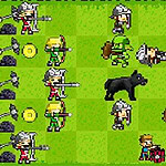 Defenders of the Realm: An Epic War! Pixelkunst van een veldslag met verschillende strijders en een beer in een retro videogame-stijl