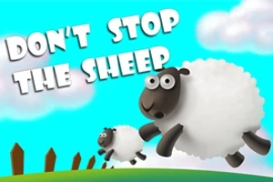 Animatie van twee springende schapen met de tekst Dont Stop The Sheep tegen een blauwe lucht en groene heuvels