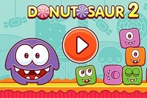 Kleurrijke afbeelding van het computerspel Donutsaur 2 met schattige, cartoonachtige wezens en een speelknop