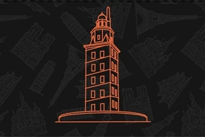 Oranje lijntekening van een historische toren tegen een donkere achtergrond met vage architecturale schetsen