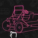 Roze neon lijntekening van een klassieke auto op een zwarte achtergrond met autopatronen