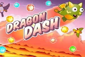 Kleurrijke afbeelding van het spel Dragon Dash met vliegende draken en glinsterende edelstenen tegen een oranje achtergrond