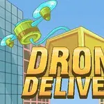 Cartooneske afbeelding van een dronebezorging in een stedelijke omgeving met wolkenkrabbers en het woord Drone Delivery