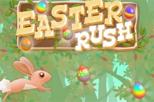 Kleurrijk paasafbeelding met een konijn, versierde eieren en de tekst Easter Rush