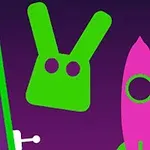 Abstracte afbeelding van een groen bunny-achtig symbool, roze raket en bal op een paarse achtergrond