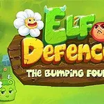 Kleurrijke banner voor het spel Elf Defence: The Bumping Four met cartoonachtige karakters zoals een boze tomaat en een lachende bloem