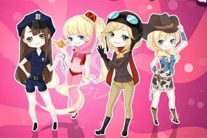 Vier anime meisjes met verschillende outfits zoals een politie-uniform en avonturierskleding op een roze achtergrond