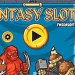 Spelaankondiging voor Fantasy Slots met cartoonfiguren zoals een rode demon en een ridder in harnas voor een kasteelachtergrond