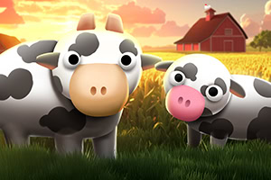 Twee cartoonkoeien in een grasveld met een rode schuur en zonsondergang op de achtergrond