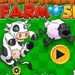 Promotieafbeelding voor Farm Slots met cartoonachtige boerderijdieren zoals een koe, schaap en paard op een groene achtergrond