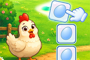 Cartoonkip op een groen grasveld met drie blauwe pictogramtegels en een handcursor