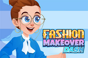 Cartoon van een lachende vrouw met bril en opgestoken haar naast de tekst Fashion Makeover Dash