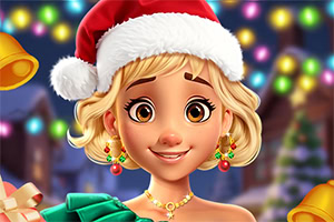 Glanzende blonde vrouw met kerstmuts, cadeaulint en kleurrijke kerstlichtjes op de achtergrond