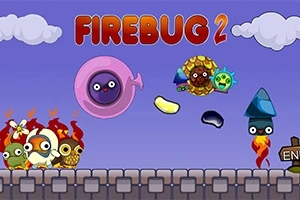 Kleurrijke afbeelding van het spel Firebug 2 met cartoonachtige karakters en obstakels op een stenen platform onder een blauwe lucht