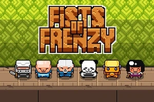 Pixelkunstpersonages en logo van Fists of Frenzy spel tegen een groene muur met tegels