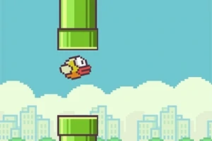 Flappy Bird vliegt tussen groene pijpen met een stad op de achtergrond