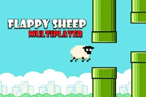 Screenshot van het spel Flappy Sheep Multiplayer met een schaap dat tussen groene pijpen vliegt op een blauwe luchtachtergrond