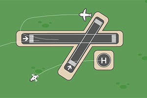 Illustratie van een luchthaven lay-out met een landingsbaan, taxiweg en helikopterlandingsplaats