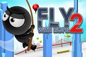 Animatie van een ninja die aan een touw slingert boven de stad in het spel Fly With Rope 2