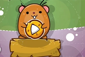 Cartoon hamster met speelknop op een gele banner