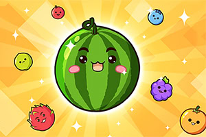 Cartoon watermeloen met gezicht omringd door kleurrijke, glimlachende fruitfiguren op een stralende achtergrond