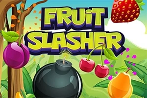 Kleurrijk beeld van het spel Fruit Slasher met fruit, een bom en een levendige achtergrond