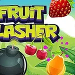 Kleurrijk beeld van het spel Fruit Slasher met fruit, een bom en een levendige achtergrond