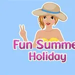 Cartoon vrouw met strohoed op blauwe achtergrond tekst Fun Summer Holiday