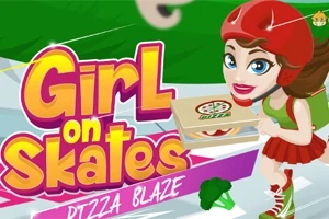 Cartoonafbeelding van een meisje op rolschaatsen die een pizzadoos vasthoudt, getiteld Girl on Skates — Pizza Blaze