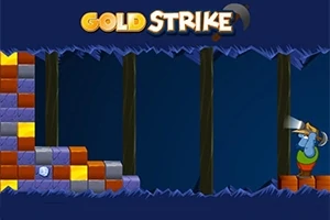 Screenshot van het spel Gold Strike met een mijnwerker en gekleurde stenen in een mijn