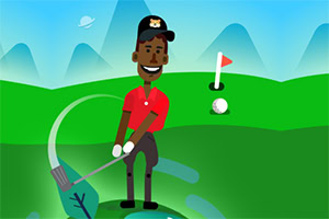 Cartoon van een man die golf speelt op een groene baan met bergen op de achtergrond