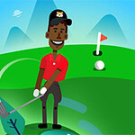Cartoon van een man die golf speelt op een groene baan met bergen op de achtergrond