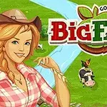 Promotieafbeelding voor het spel Big Farm met een lachende vrouwelijke boerin, koeien en een groen boerderijlandschap