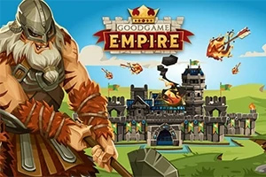 Illustratie van Goodgame Empire met een Viking krijger en een brandend kasteel