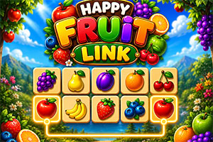Kleurrijk fruitpuzzelbord met de tekst Happy Fruit Link, omringd door druiven, aardbeien, kersen en een zonnig berglandschap