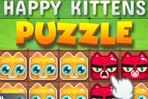 Spelbanner voor Happy Kittens Puzzle met kleurrijke tekenfilmkatjes en een handcursor die een rood kitten selecteert