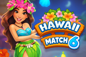 Tropische vrouw met bloemenkrans en groene rok naast kleurrijke HAWAII MATCH 6-tekst tegen een blauwe achtergrond