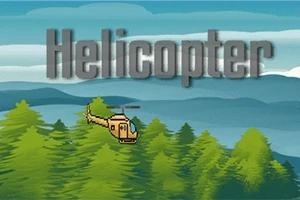 Cartoonhelikopter vliegt over een bos met bergen op de achtergrond en het woord Helicopter in 3D letters