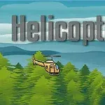 Cartoonhelikopter vliegt over een bos met bergen op de achtergrond en het woord Helicopter in 3D letters