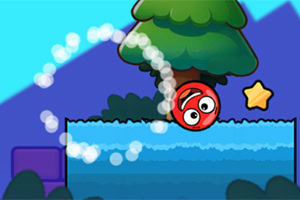 Rood en wit gestreept wezen springt uit water in een cartoonachtig landschap met bergen en een boom op de achtergrond