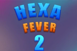 3D tekstlogo Hexa Fever 2 in blauw en oranje op een vervaagde blauwe achtergrond