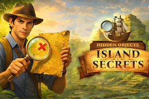 Avonturier met hoed houdt een schatkaart en vergrootglas vast naast een houten bord met de tekst Island Secrets