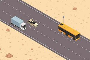 Isometrische weergave van voertuigen op een woestijnweg, met een bus, vrachtwagen en auto