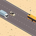Highway Rush Isometrische weergave van voertuigen op een woestijnweg, met een bus, vrachtwagen en auto