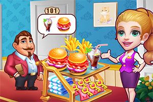 Cartoon van een vrouw en man bij een kraam met grote hamburgers, frietjes en een menubord
