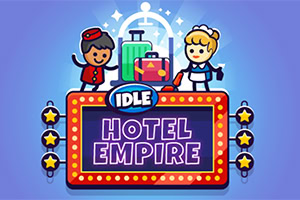 Illustratie van een cartoon hotelmanager en een stewardess bij een incheckbalie met een bord IDLE Hotel Empire