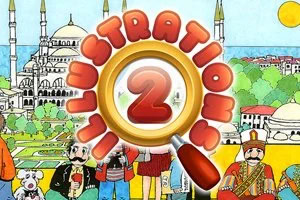 Illustratie van Istanbul met moskeeën, kleurrijke figuren en een groot gouden embleem met het cijfer 2