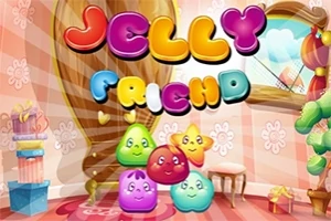 Kleurrijke Jelly Friend game promotie met schattige jelly-figuren in een snoephuis setting