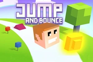 Promotionele afbeelding van het videospel Jump and Bounce met een cartoonachtig personage en een eenvoudige, kleurrijke omgeving